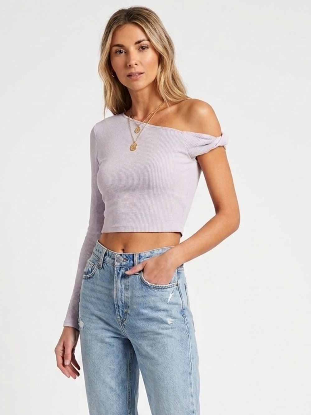 Lover and Friends CIENE TOP Ribbed Lilac Grey XS One Shoulder Statement Sleeve